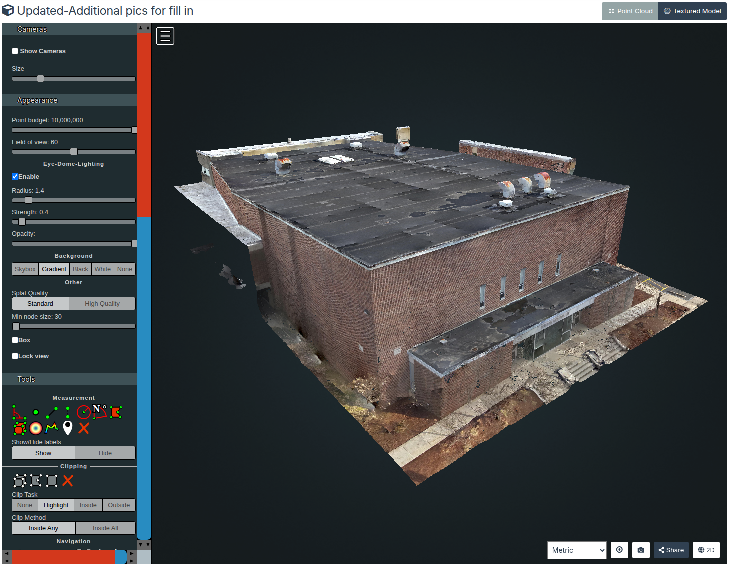 Photogrammetry 3D model of a brick commercial building in WebODM, with measurement tools